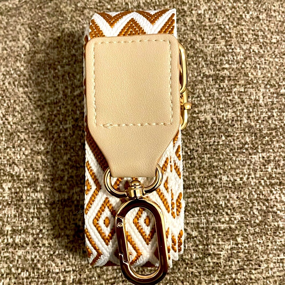 Boho Guitar/Purse Strap adjustable 25”-41” Tan/White gold clips (strap only)